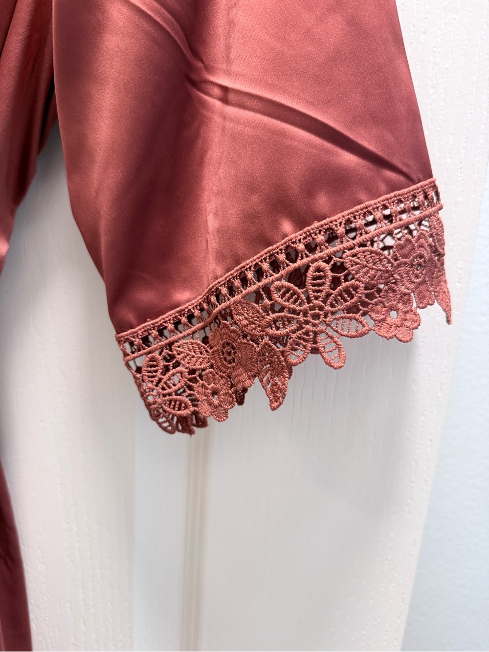 Long Satin Lace-Trim Robe in Rust - Picture 2 of 5